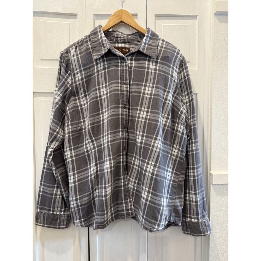 Lincoln Outfitters‎ Women 2XL Flannel Shirt Plaid Grey White Grunge 90s Country